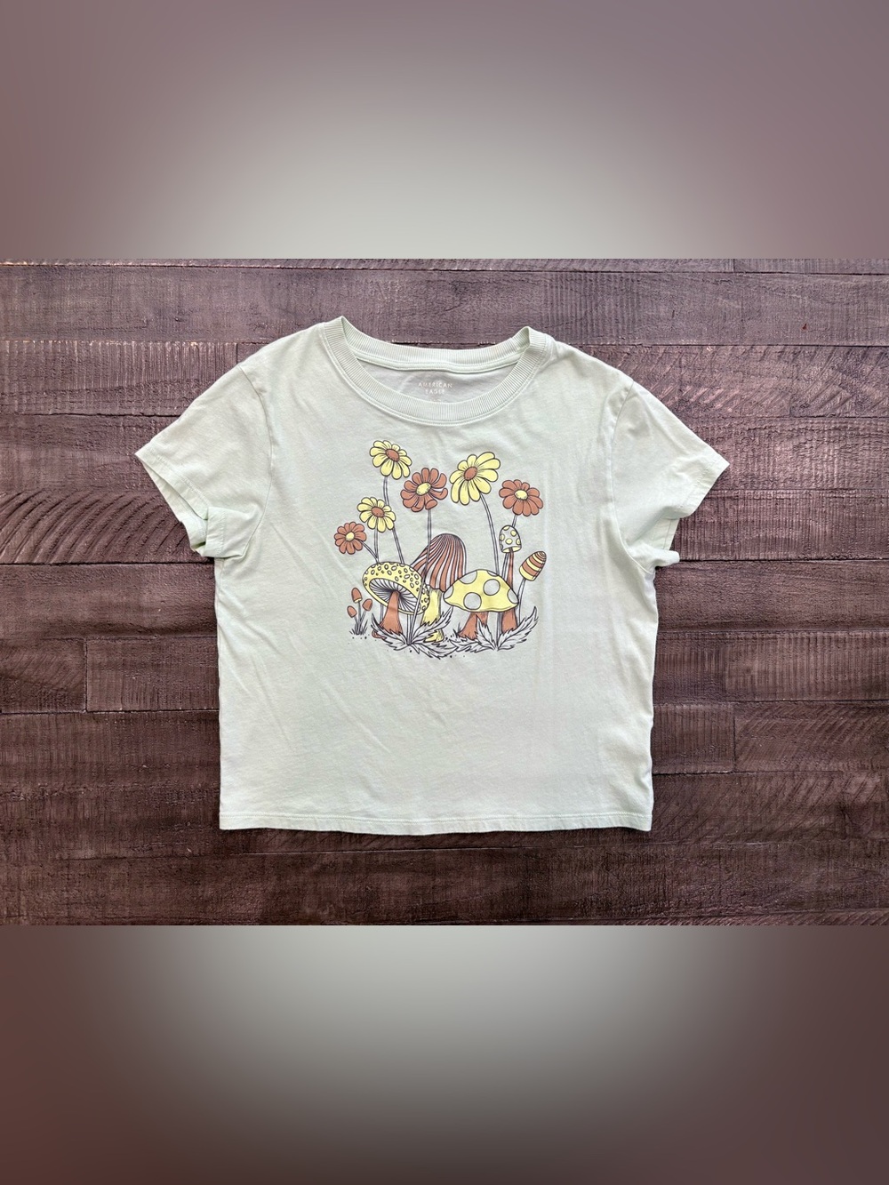 American Eagle Outfitters Green Graphic Tee with Mushroom & Flower Print Size S